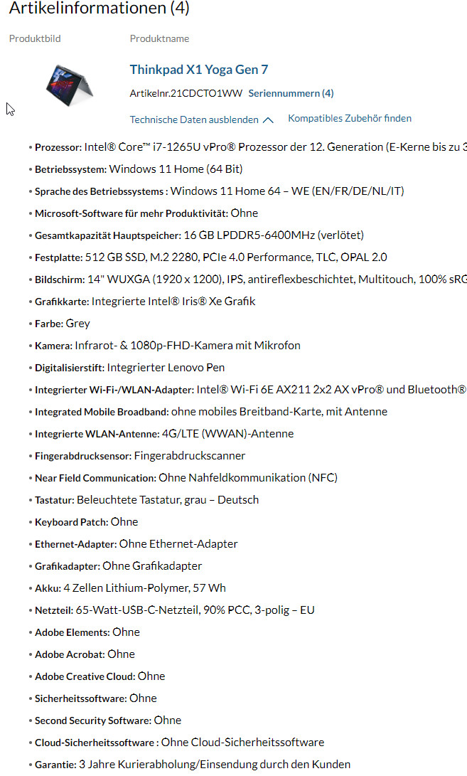 Thinkpad X1 Yoga Gen 7 | NEU | I7-1265U | 16 GB 6400MHz | 512GB SSD Grafikkarte: Integrierte IntelB IrisE Xe Grank | mit org. Rechnung vom 12.01.2024 | Zustand: Neu – Bild 4