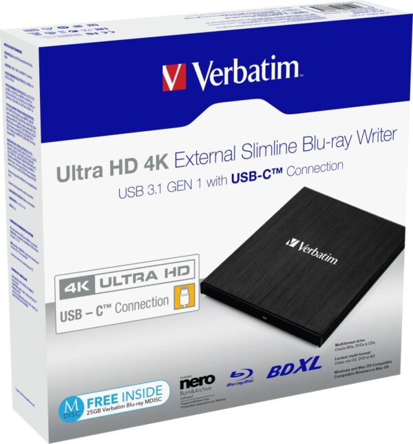 Verbatim Ultra HD 4K External Blu-ray Writer SlimLine, USB-C 3.0 | mit Originalverpackung | Zustand: Neu