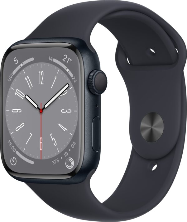 Apple Watch Series 8 (GPS) 45mm Aluminium Mitternacht mit Sportarmband | Mit Ladegerät  |  Batteriezustand 100%  | Zustand: Gut