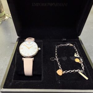 Emporio Armani Women Ar8039 Box Set |  Leather Analog Watch Bracelet Earrings | ite Dial | Pink Band | Zustand: Sehr Gut