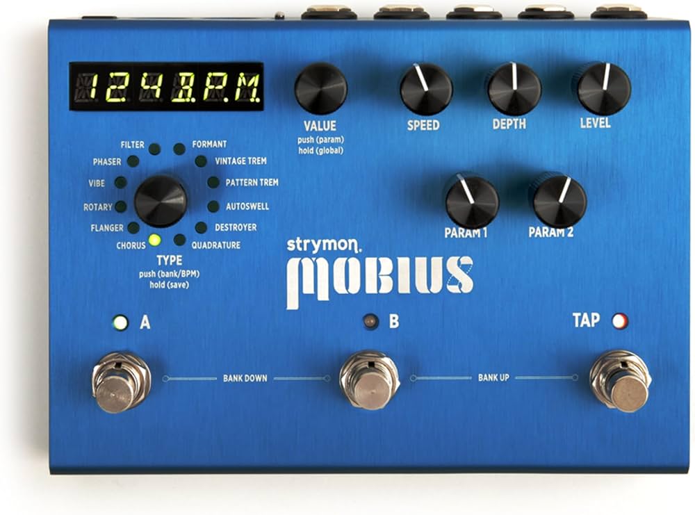 Strymon Mobius, mit Originalverpackung
Modulation Multi-Effektpedal mit 12 Effekten, 200 Presets, Stereo I | O und MIDI. | Zustand: Wie Neu