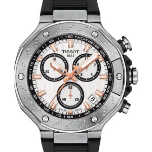 Tissot T-Race Chronograph, Quarz, 45 mm, weißes Zifferblatt, schwarzes Silikonband, Saphirglas, mit Originalverpackung. | Zustand: Sehr Gut
