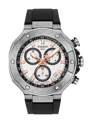 Tissot T-Race Chronograph, Quarz, 45 mm, weißes Zifferblatt, schwarzes Silikonband, Saphirglas, mit Originalverpackung. | Zustand: Sehr Gut
