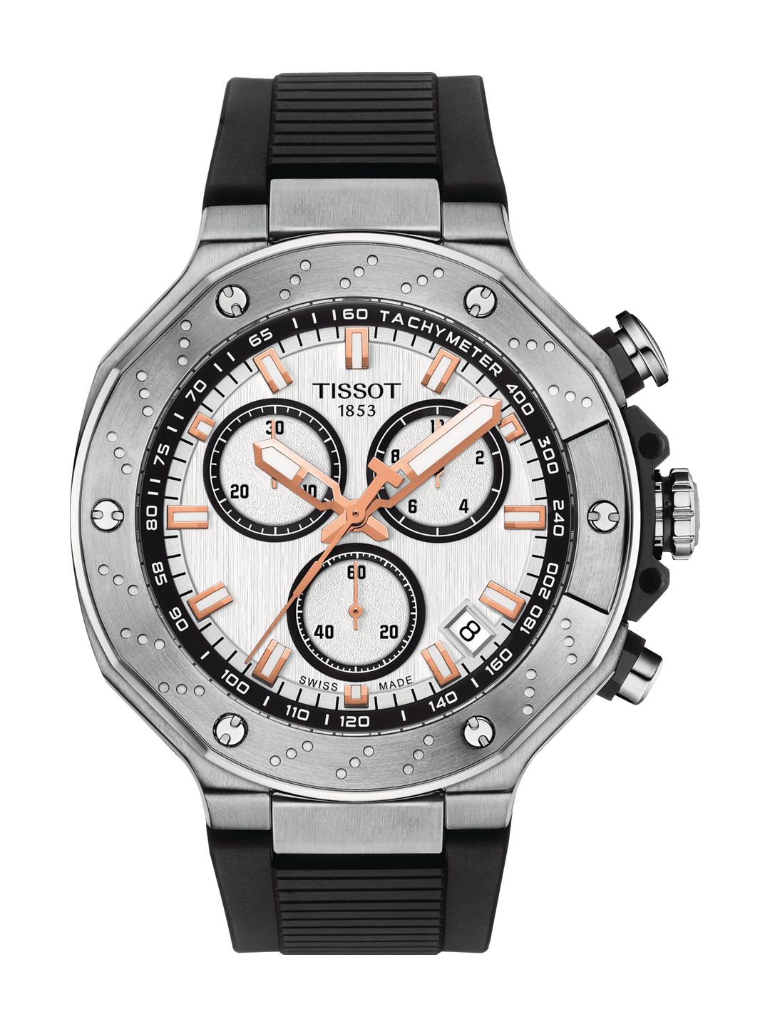 Tissot T-Race Chronograph, Quarz, 45 mm, weißes Zifferblatt, schwarzes Silikonband, Saphirglas, mit Originalverpackung. | Zustand: Sehr Gut