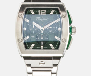 Salvatore Ferragamo F-80 Tonneau Chrono, 41.8mm | Grünes Guilloché-Zifferblatt | Edelstahl | Swiss Quarz Chrono | 10 ATM | mit Originalverpackung | Zustand: Neu