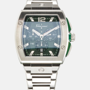 Salvatore Ferragamo F-80 Tonneau Chrono, 41.8mm | Grünes Guilloché-Zifferblatt | Edelstahl | Swiss Quarz Chrono | 10 ATM | mit Originalverpackung | Zustand: Neu