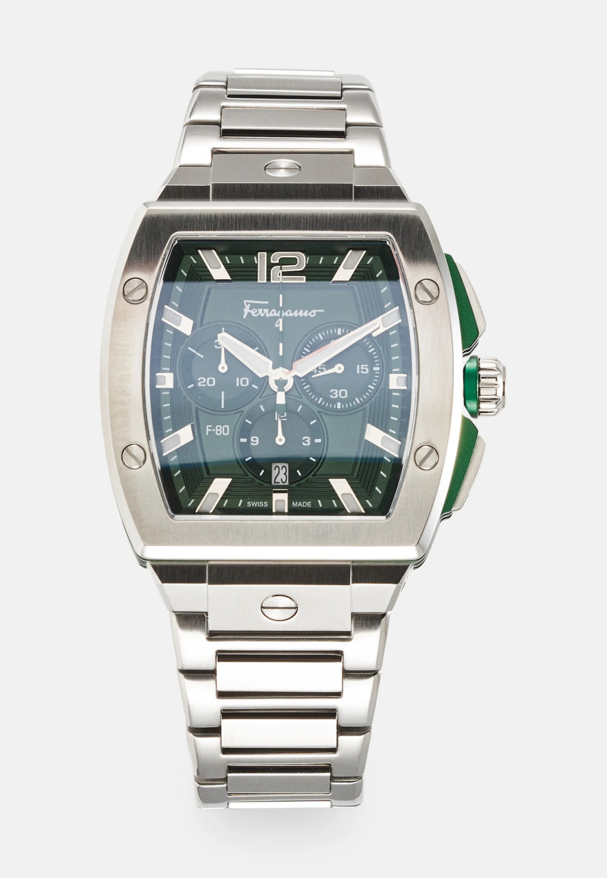Salvatore Ferragamo F-80 Tonneau Chrono, 41.8mm | Grünes Guilloché-Zifferblatt | Edelstahl | Swiss Quarz Chrono | 10 ATM | mit Originalverpackung | Zustand: Neu