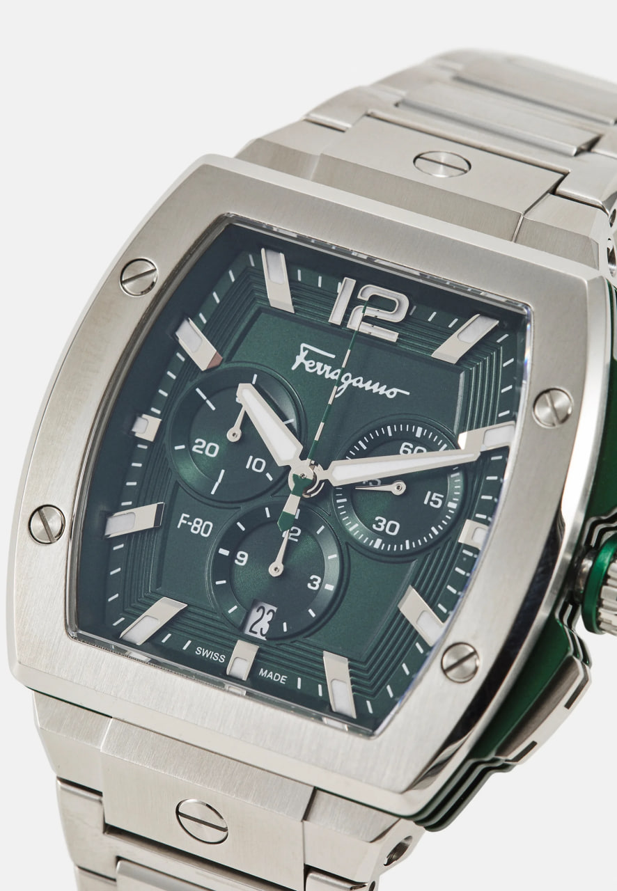 Salvatore Ferragamo F-80 Tonneau Chrono, 41.8mm | Grünes Guilloché-Zifferblatt | Edelstahl | Swiss Quarz Chrono | 10 ATM | mit Originalverpackung | Zustand: Neu – Bild 2