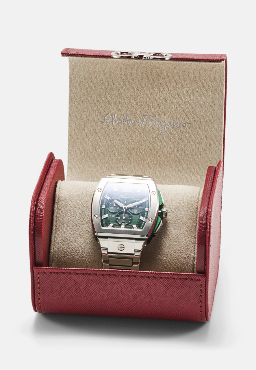 Salvatore Ferragamo F-80 Tonneau Chrono, 41.8mm | Grünes Guilloché-Zifferblatt | Edelstahl | Swiss Quarz Chrono | 10 ATM | mit Originalverpackung | Zustand: Neu – Bild 3