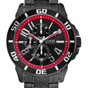 Guess Racer W18550G1 Schwarz, Herren Multifunktionsuhr aus Edelstahl mit schwarzem Zifferblatt und roten Akzenten, 50m wasserdicht. | Zustand: Sehr Gut
