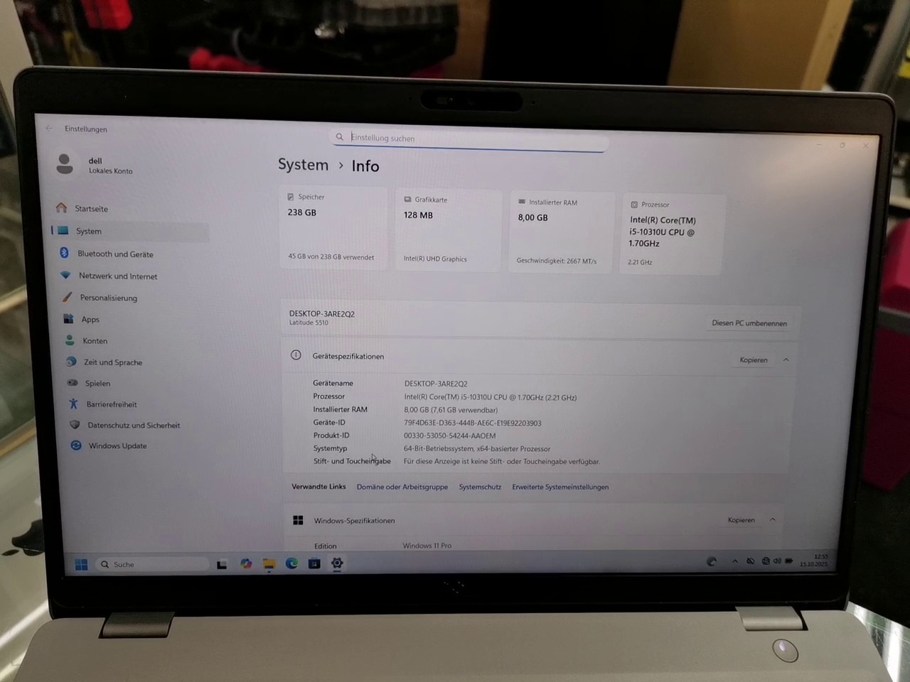 Dell Latitude 5510, Intel Core i5-10310U, 8 GB RAM, 256 GB SSD, Windows 11 Pro | Zustand: Sehr Gut – Bild 3