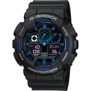 Casio G-Shock GA-100-1A2ER Schwarz/Blau, Analoge | digitale Sportuhr, stoßfest, 200m WR, mit Box. | Zustand: Sehr Gut