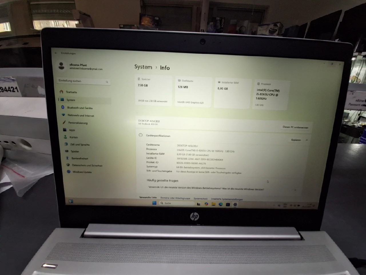 HP ProBook 450 G6 i5 8GB/256GB Win11, Gebraucht, 15.6 Zoll, i5-8265U, SSD, Display mit Fleck. | Zustand: Gut – Bild 6