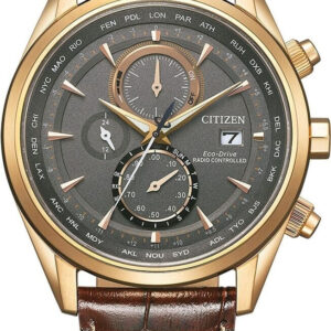 Citizen AT8263-10H, Eco-Drive, Radiocontrolled Chronograph, goldfarbenes Edelstahl, braunes Leder, OVP | Zustand: Sehr Gut