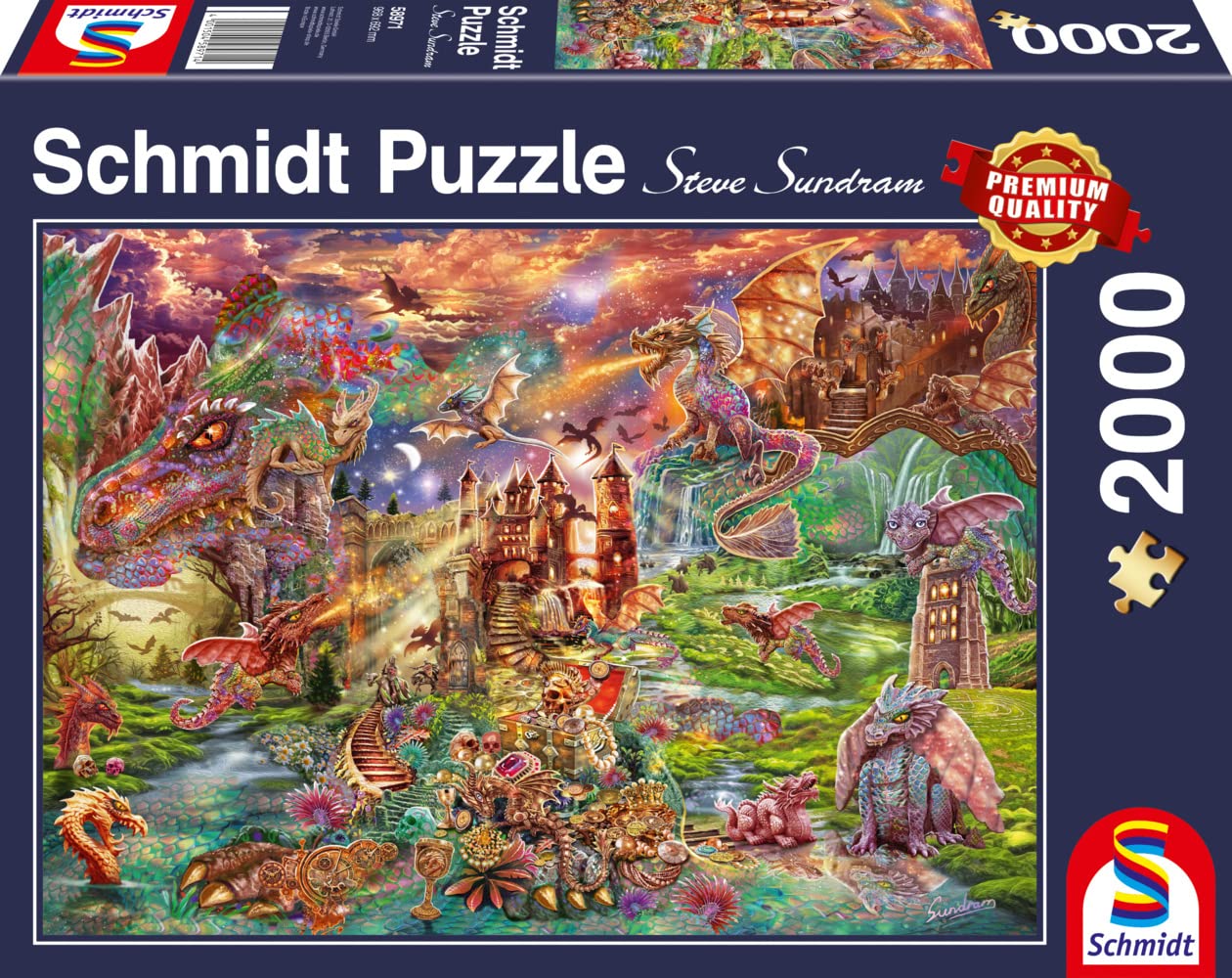 Schmidt Steve Sundram Der Schatz der Drachen, 2000 Teile Puzzle, Premium Qualität, Motiv mit Drachen und Burgen. | Zustand: Neu