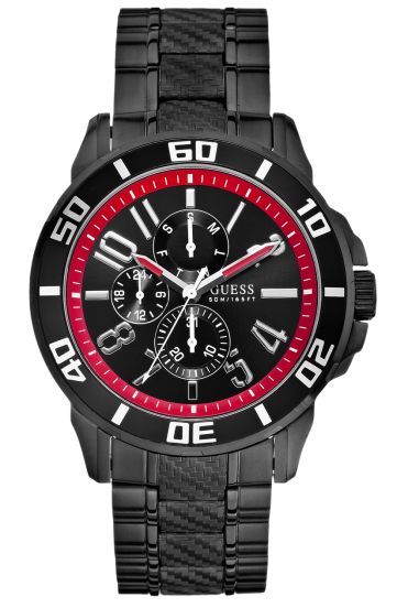 Guess Racer W18550G1 Schwarz, Herren Multifunktionsuhr aus Edelstahl mit schwarzem Zifferblatt und roten Akzenten, 50m wasserdicht. | Zustand: Sehr Gut | Farbe: schwarz