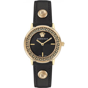 Versace V-Tribute Damen Quarz Gold/Schwarz, Damen-Armbanduhr mit schwarzem Zifferblatt, goldfarbenem Gehäuse und schwarzem Lederarmband mit Medusa-Nieten, OVP. | Zustand: Wie Neu