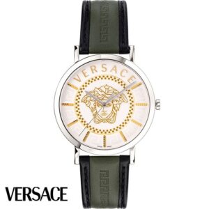 Versace Herrenuhr Medusa Grün/Weiß, Analoguhr mit weißem Zifferblatt, goldfarbener Medusa und grün-schwarzem Lederarmband. OVP. | Zustand: Wie Neu