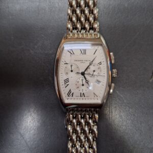 Frederique Constant FC292X4T5/6, Chronograph läuft, aber Chronozeiger steht nicht auf 12 Uhr, sondern bei etwa 15 16 Minuten. Uhr mit Metallband. | Zustand: Gut