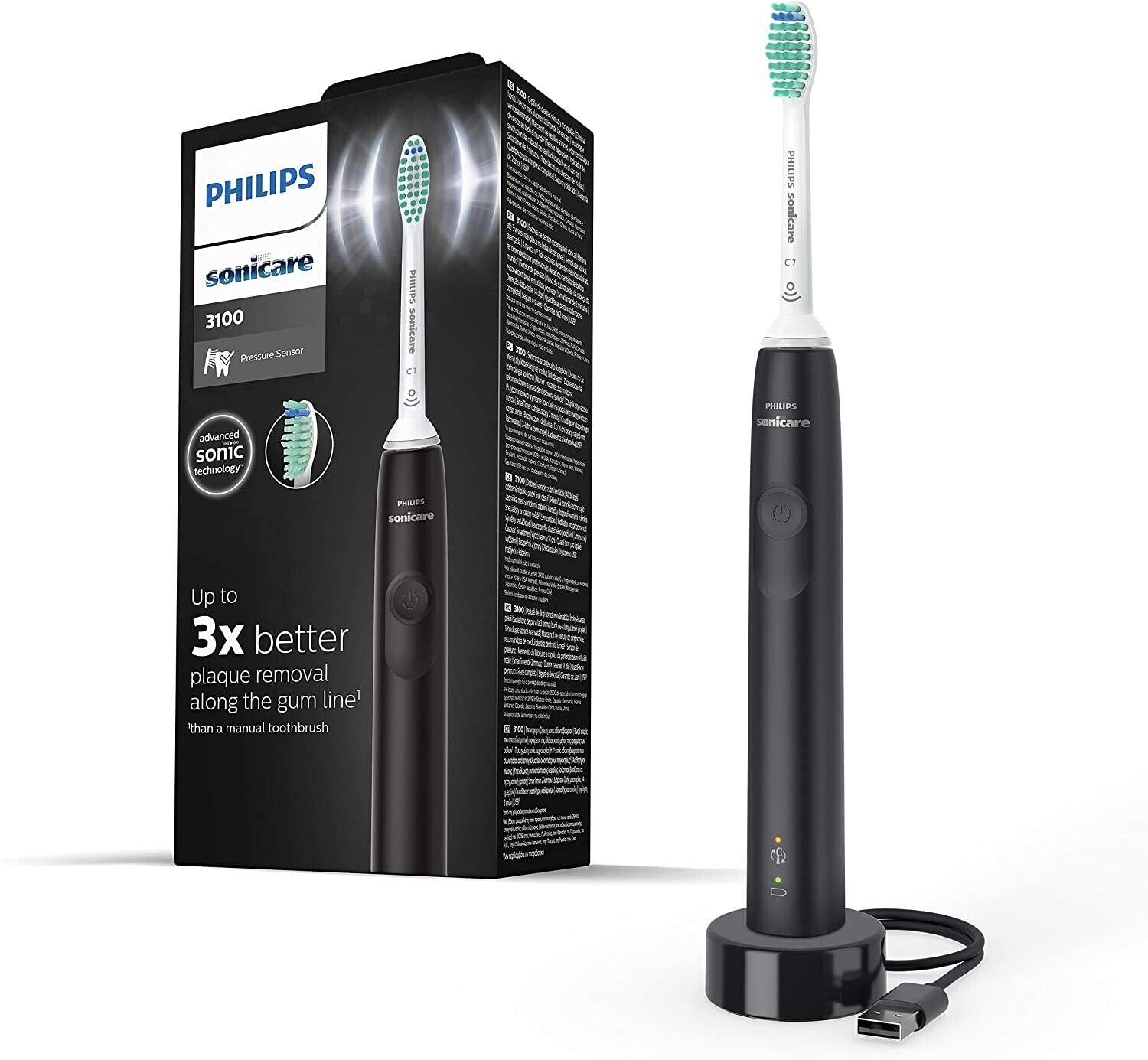 Philips Sonicare 3100 HX3671/14 Schwarz, Elektrische Schallzahnbürste, OVP, versiegelt, mit Drucksensor und USB-Ladegerät. | Zustand: Neu