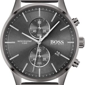 Hugo Boss Associate 1513870, Herren Quarz Chronograph, 42mm, Edelstahl Mesh-Armband, Zifferblatt | Gehäuse Grau, Band Schwarz. | Zustand: Gut