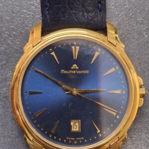 Maurice Lacroix Les Classiques Date 69520, Herrenuhr mit blauem Zifferblatt und goldfarbenem Gehäuse, Lederarmband, Datumsanzeige. | Zustand: Gut