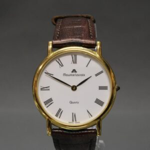 Maurice Lacroix Classic 41149 Gold, Elegante Quarzuhr mit weißem Zifferblatt und braunem Lederarmband, Referenz 41149. | Zustand: Gut