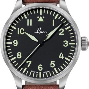 Laco Augsburg 42mm Automatik, Fliegeruhr mit schwarzem Zifferblatt, braunem Lederband mit Nieten, OVP. | Zustand: Neu