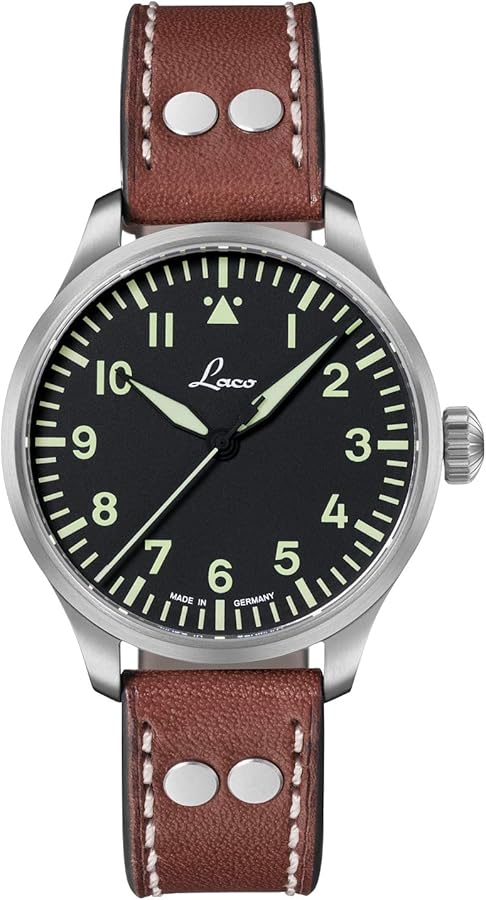 Laco Augsburg 42mm Automatik, Fliegeruhr mit schwarzem Zifferblatt, braunem Lederband mit Nieten, OVP. | Zustand: Neu