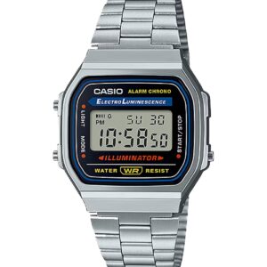 Casio Vintage A168 Silber, Digitaluhr mit Edelstahlarmband, Elektrolumineszenz-Beleuchtung und Wasserabweisung. | Zustand: Sehr Gut