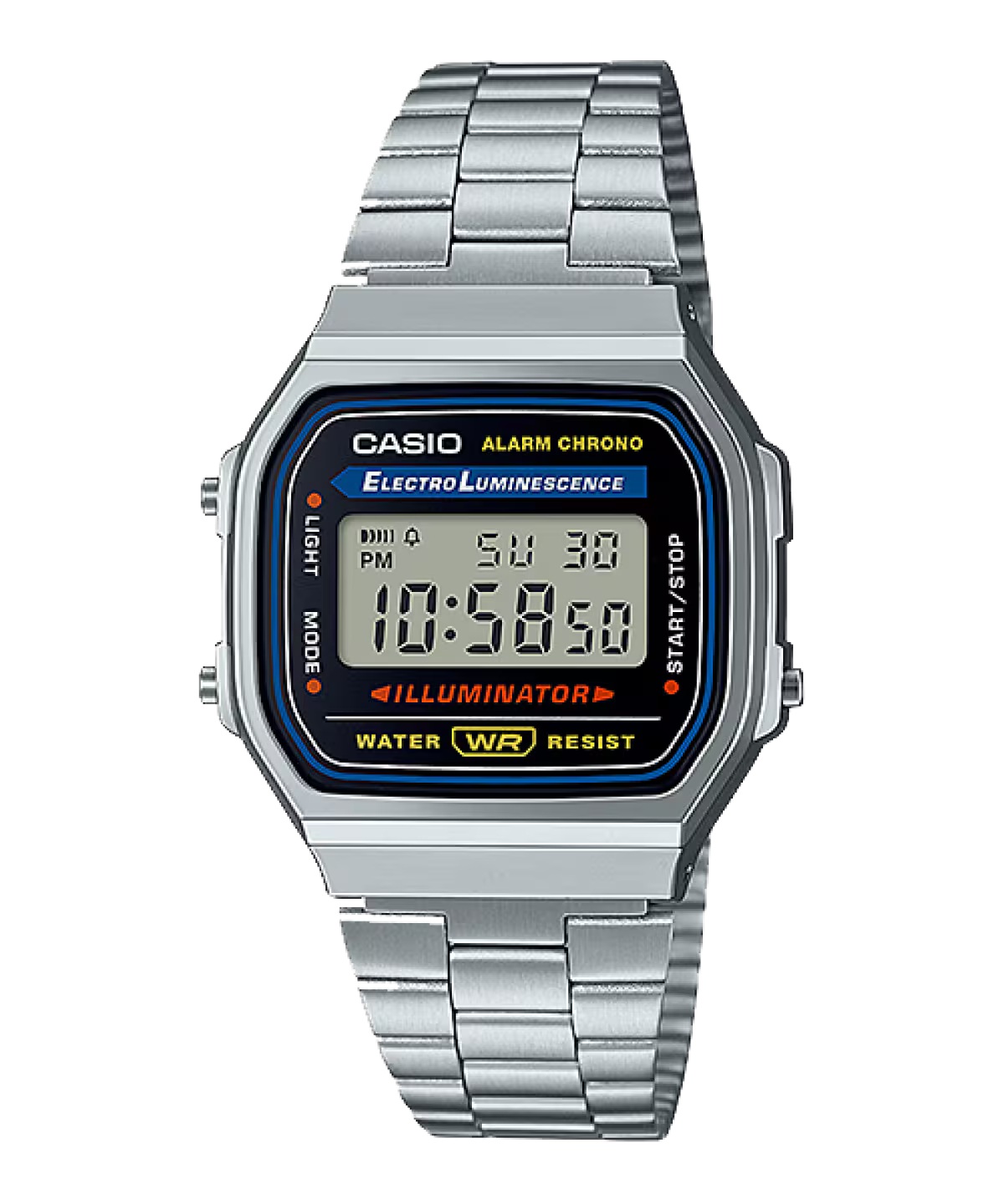 Casio Vintage A168 Silber, Digitaluhr mit Edelstahlarmband, Elektrolumineszenz-Beleuchtung und Wasserabweisung. | Zustand: Sehr Gut