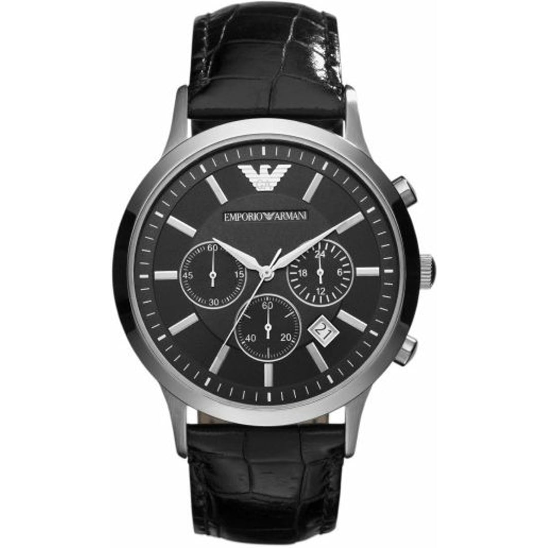 Emporio Armani Renato AR2447, Herren Chronograph, 43mm, schwarzes Zifferblatt, schwarzes Lederarmband, Quarz | Zustand: Sehr Gut