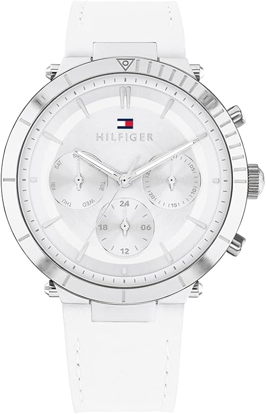 Tommy Hilfiger Emery 1782352 Weiß, Damen Multifunktionsuhr, silbernes EdelstahLadegerätehäuse, weißes Lederarmband, silbernes Zifferblatt. | Zustand: Sehr Gut