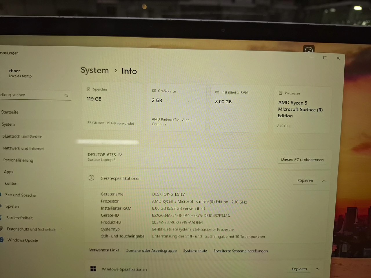 Microsoft Surface Laptop 3 15 Zoll, AMD Ryzen 5, 8GB RAM, 128Gb SSd, Win 11 Home, Touch Display, Farbe Silber | Platin | Zustand: Gebraucht – Bild 3