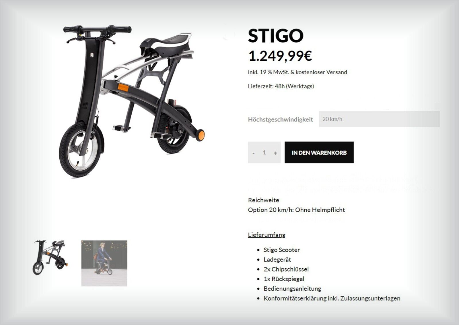 Stigo Klapproller WHSTG001250, Mit Ladegerät. Akku defekt, lässt sich nicht laden.