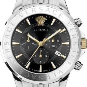 Versace Signature Chronograph VEV6, Herren Chronograph mit schwarzem Zifferblatt, silbernem | goldfarbenem Akzent, 44mm, Swiss Made. | Zustand: Gut | Farbe: silber