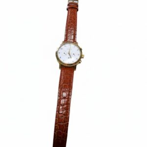 Tempo D'oro Meccanico Automatik Gold, Zifferblatt ist zerkratzt  |  Herren Automatik-Armbanduhr mit goldfarbenem Gehäuse, weißem Zifferblatt und braunem Lederband. | Zustand: Sehr Gut | Farbe: gold