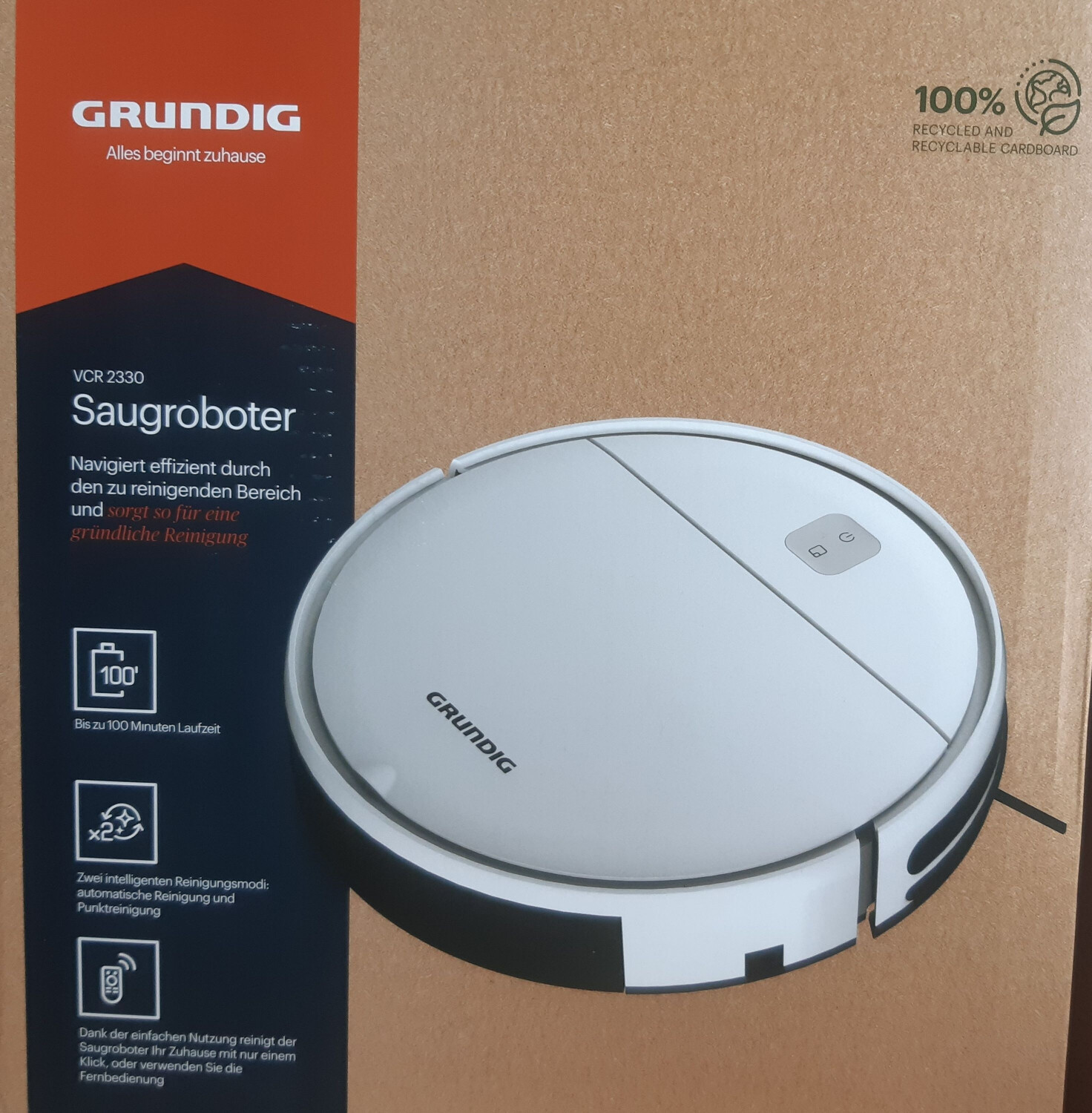 Grundig VCR 2330 Saugroboter, Weißer Saugroboter mit bis zu 100 Min. Laufzeit, 2 Reinigungsmodi, Fernbedienung. | Zustand: Neu – Bild 2