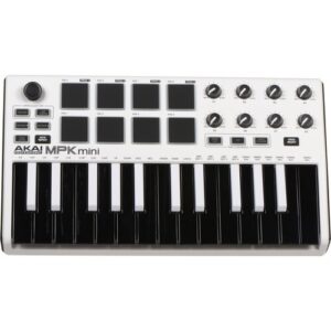 Akai MPK Mini (vermutlich MK3) Weiß, MIDI Keyboard Controller mit 25 Tasten, Pads und Drehreglern, inklusive Ladekabel. | Zustand: Gut