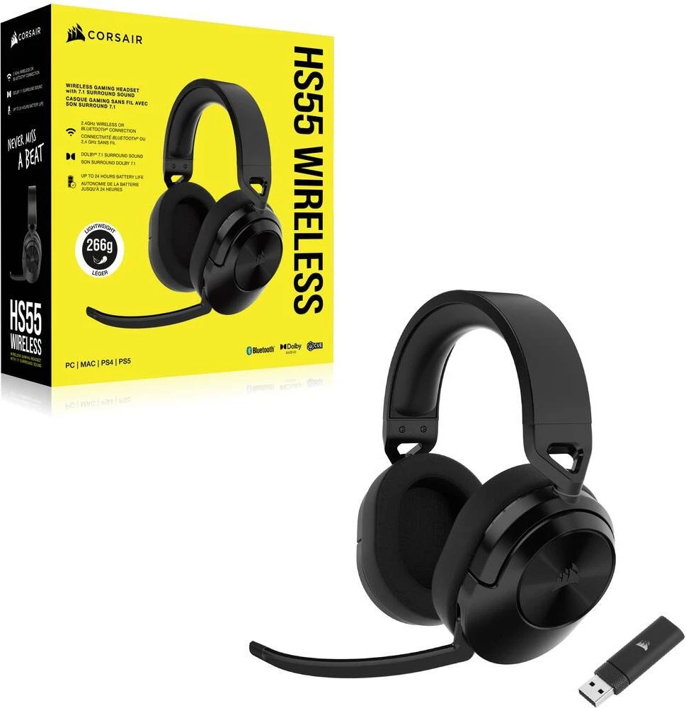 Corsair HS55 Wireless Carbon für PS5 / PS4 / PC, Wireless Gaming Headset mit Dolby 7.1 Surround Sound, 24h Akkulaufzeit, Bluetooth und 2.4GHz. | Zustand: Neu