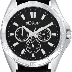 s.Oliver 2034599 Multifunktion Leder, Herrenuhr, silbernes Gehäuse, schwarzes Zifferblatt, schwarzes Lederarmband, 5 ATM wasserdicht. | Zustand: Neu
