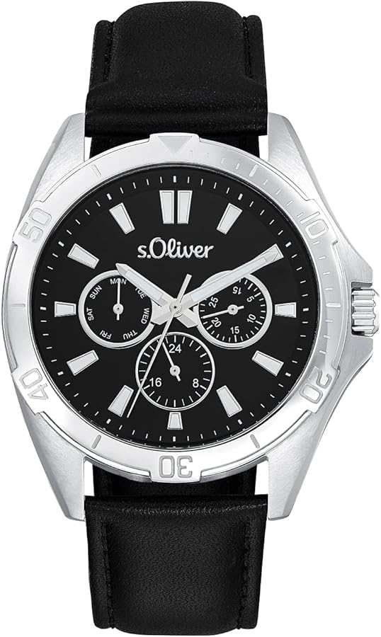 s.Oliver 2034599 Multifunktion Leder, Herrenuhr, silbernes Gehäuse, schwarzes Zifferblatt, schwarzes Lederarmband, 5 ATM wasserdicht. | Zustand: Neu