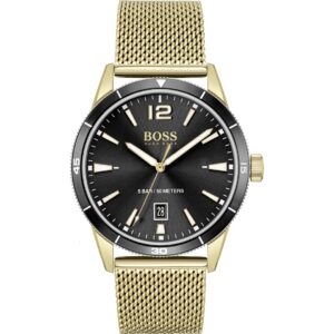 Hugo Boss Drifter 1513901 Gold, Batterie leer Gold | Schwarz, Edelstahl Mesh-Armband, analog, 42mm, 50m WR.. | Zustand: Gut