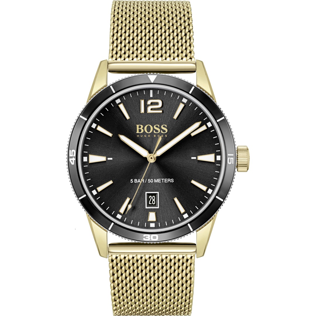 Hugo Boss Drifter 1513901 Gold, Batterie leer Gold | Schwarz, Edelstahl Mesh-Armband, analog, 42mm, 50m WR.. | Zustand: Gut