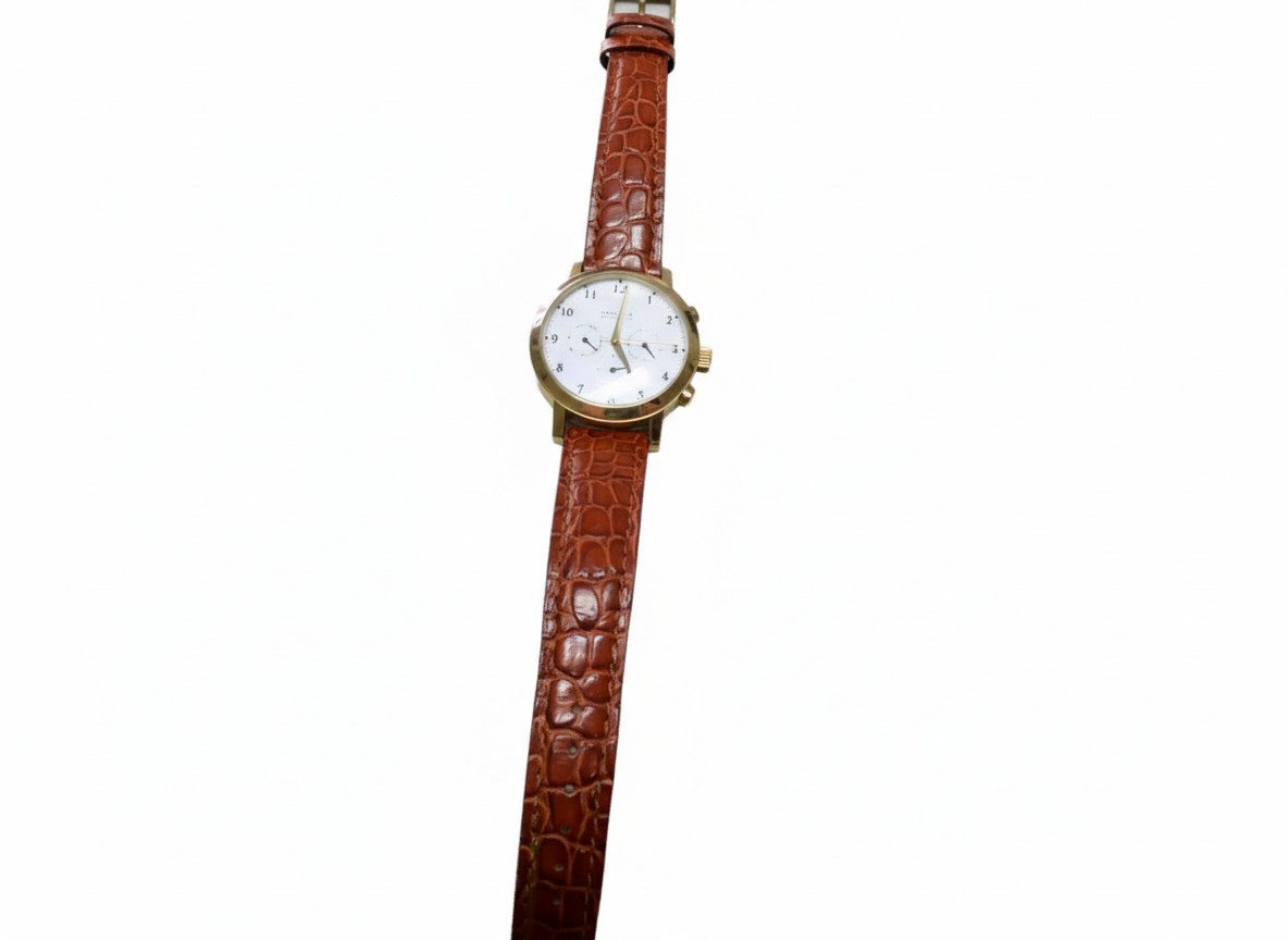 Tempo D'oro Meccanico Automatik Gold, Zifferblatt ist zerkratzt | Herren Automatik-Armbanduhr mit goldfarbenem Gehäuse, weißem Zifferblatt und braunem Lederband. | Zustand: Sehr Gut | Farbe: gold