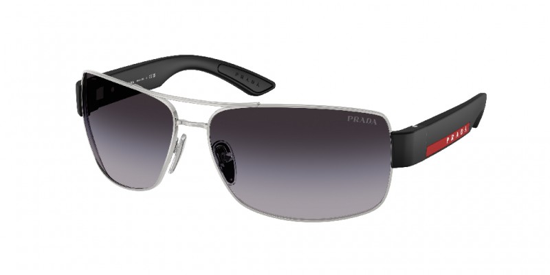 Prada PS B52S Silber/Schwarz, Herren Navigator Sonnenbrille, Metallrahmen, grau verlaufende Gläser, rote Logo-Details. | Zustand: Sehr Gut | Farbe: schwarz