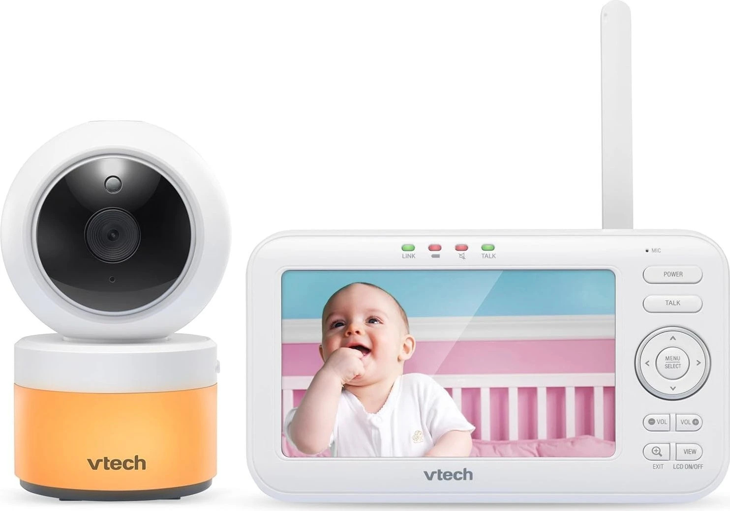 VTech VM5463 Video-Babyphone Weiß/Orange, 5 Zoll Farbdisplay, Schwenk- | Neigekamera, Nachtlicht, Nachtsicht, Gegensprechfunktion, Schlaflieder | Zustand: Neu