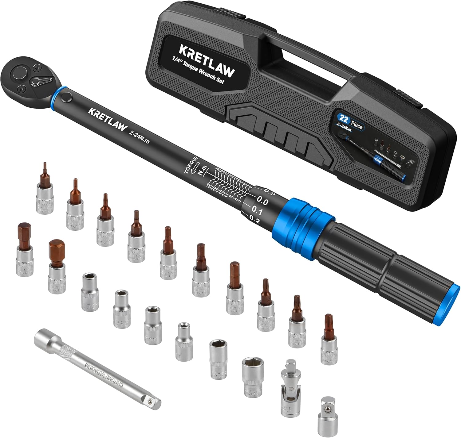 KRETLAW Drehmomentschlüssel 2-24 Nm 1/4", 22-teiliges Set inkl. Koffer, Bits, Steckschlüsseln, Verlängerung, Adapter und Gelenk. | Zustand: Sehr Gut
