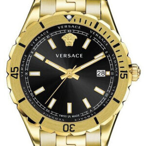Versace Hellenyium VE3A00820 Gold Herrenuhr, 42mm, schwarzes Zifferblatt, Quarzwerk, Saphirglas, 5 ATM wasserdicht, inklusive OVP. | Zustand: Sehr Gutn