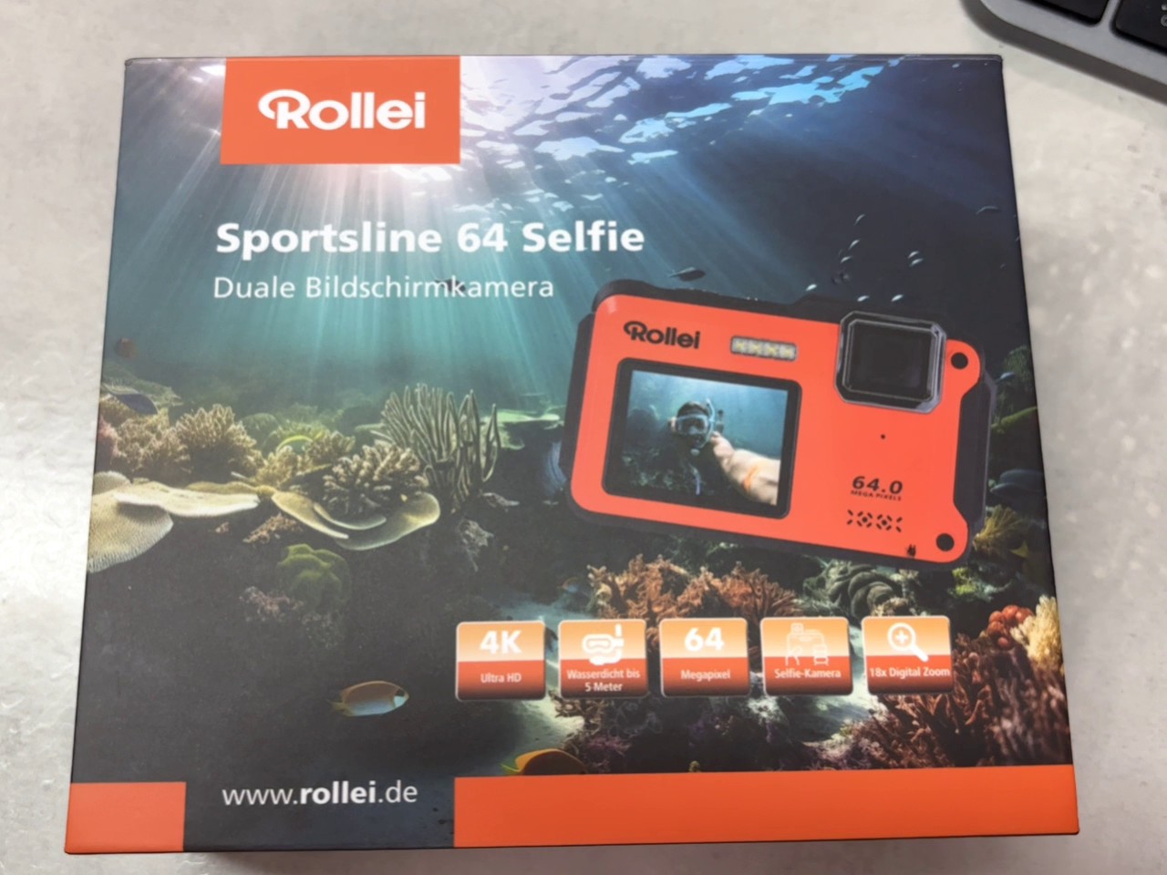 Rollei Sportsline 64 Selfie Orange, Unterwasserkamera, 4K Video, Dual-Display, 13 MP Sensor, wasserdicht bis 5m, inkl. OVP | Zustand: Wie Neu